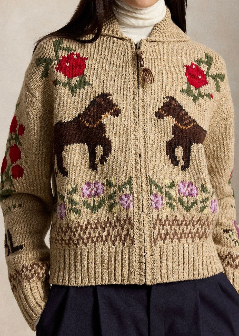 Intarsa Knit Shawl Cardigan Tan Multi