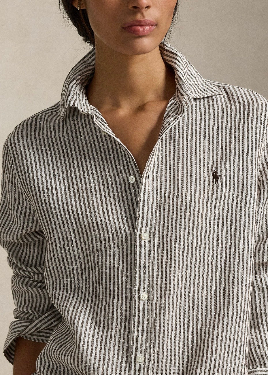 Classic Fit Striped Linen Shirt Dark Brown