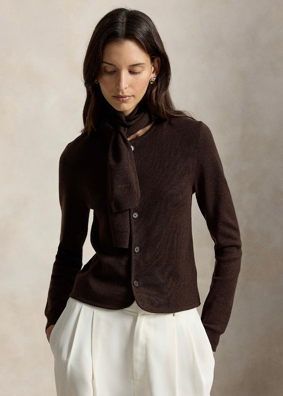 Tie Scarf Wool Cardigan Deep Chocolate