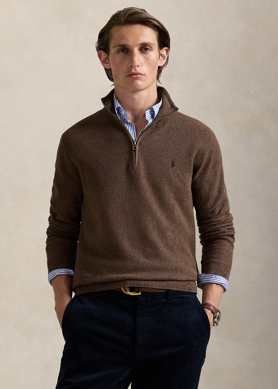 Mesh Knit Quarter Zip Nutmeg Brown