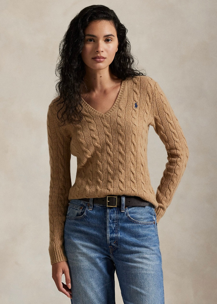 Cable V-nech sweater Camel Melange