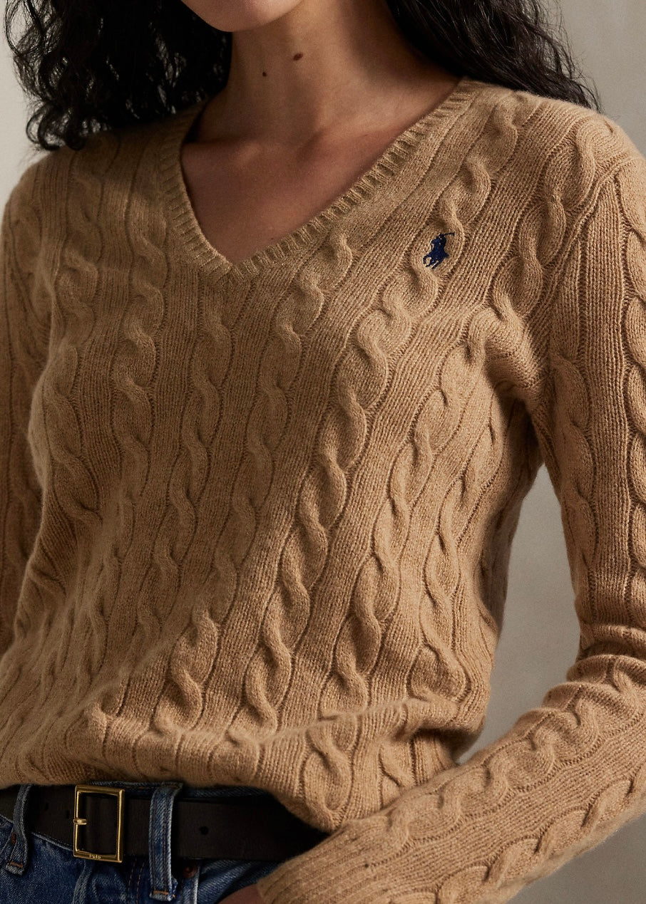 Cable V-nech sweater Camel Melange