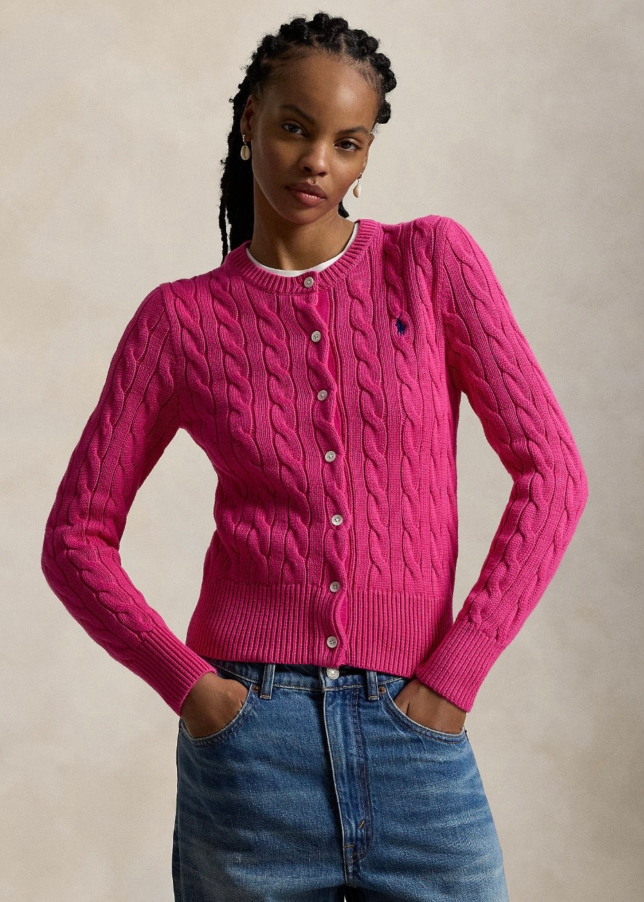 Cable Knit Cotton Cardigan Accent Pink