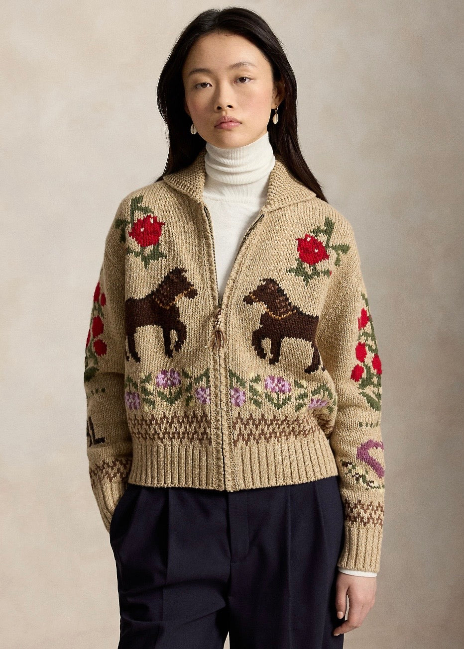Intarsa Knit Shawl Cardigan Tan Multi
