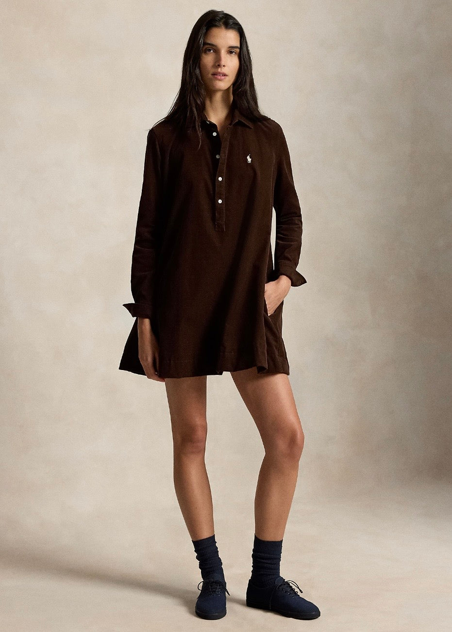 Corduroy Pleated Shirtdress Dark Brown