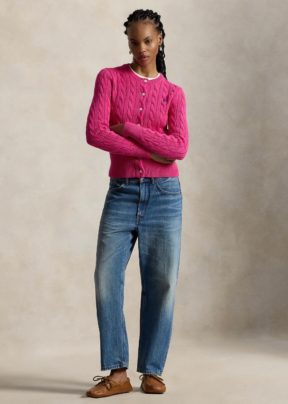 Cable Knit Cotton Cardigan Accent Pink