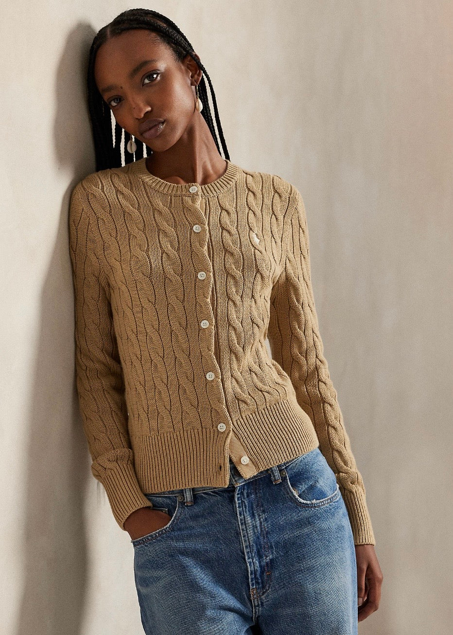 Cable Knit Cotton Cardigan Vintage Khaki