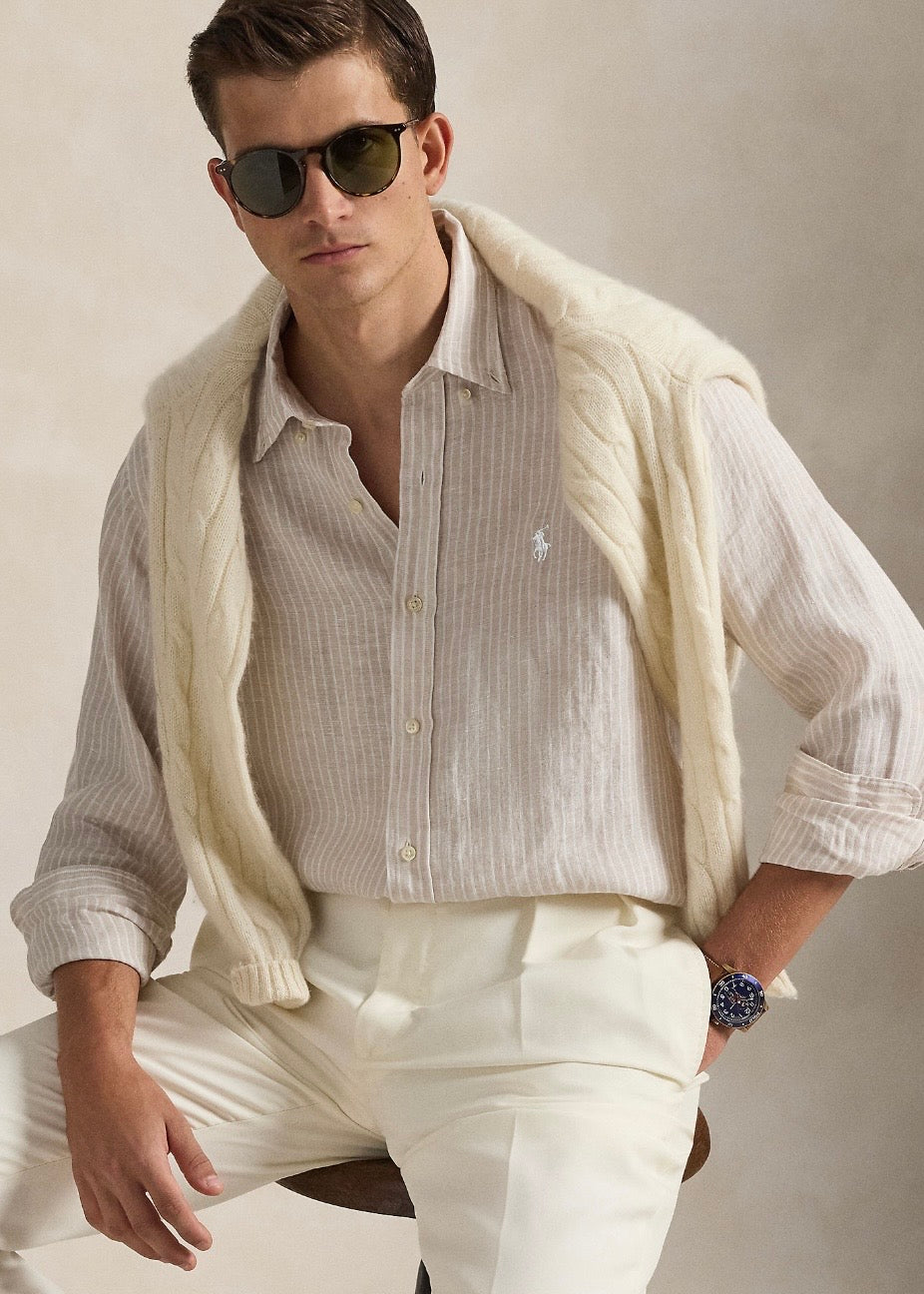 Custom Fit Striped Linen Shirt Coastal Beige