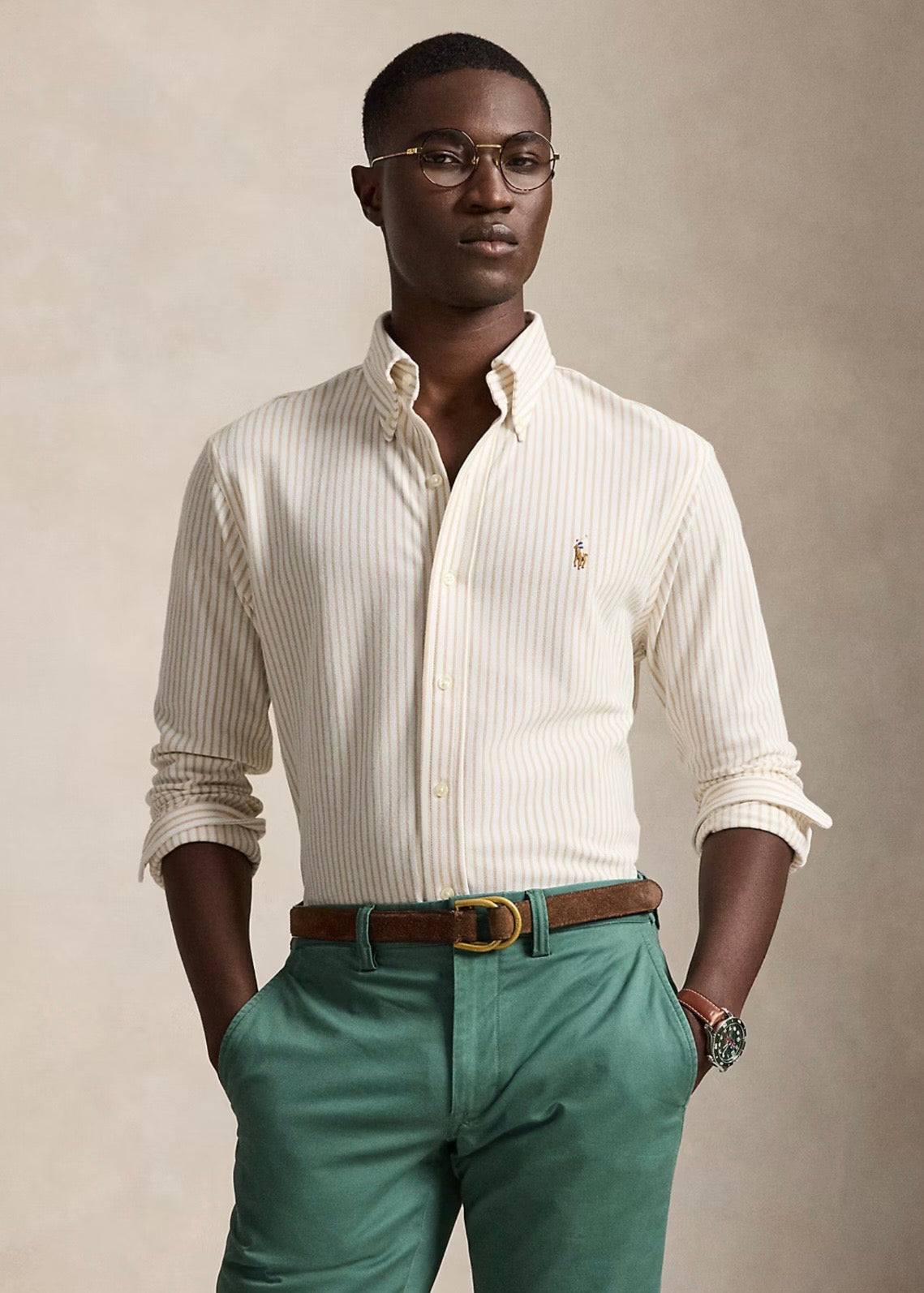 Striped Knit Oxford Shirt Coastal Beige