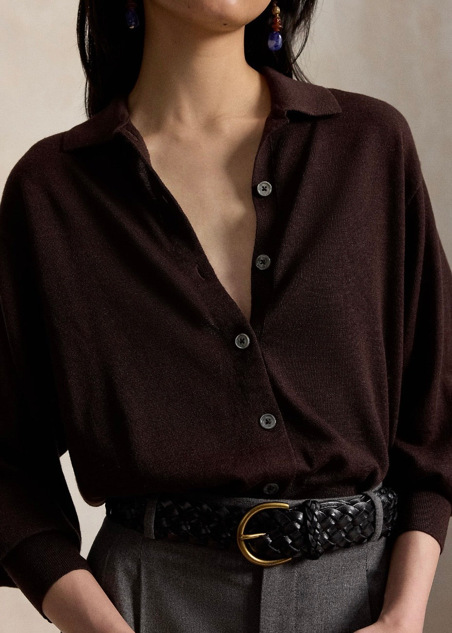 Polo Collar Wool Cardigan Deep Chocolate