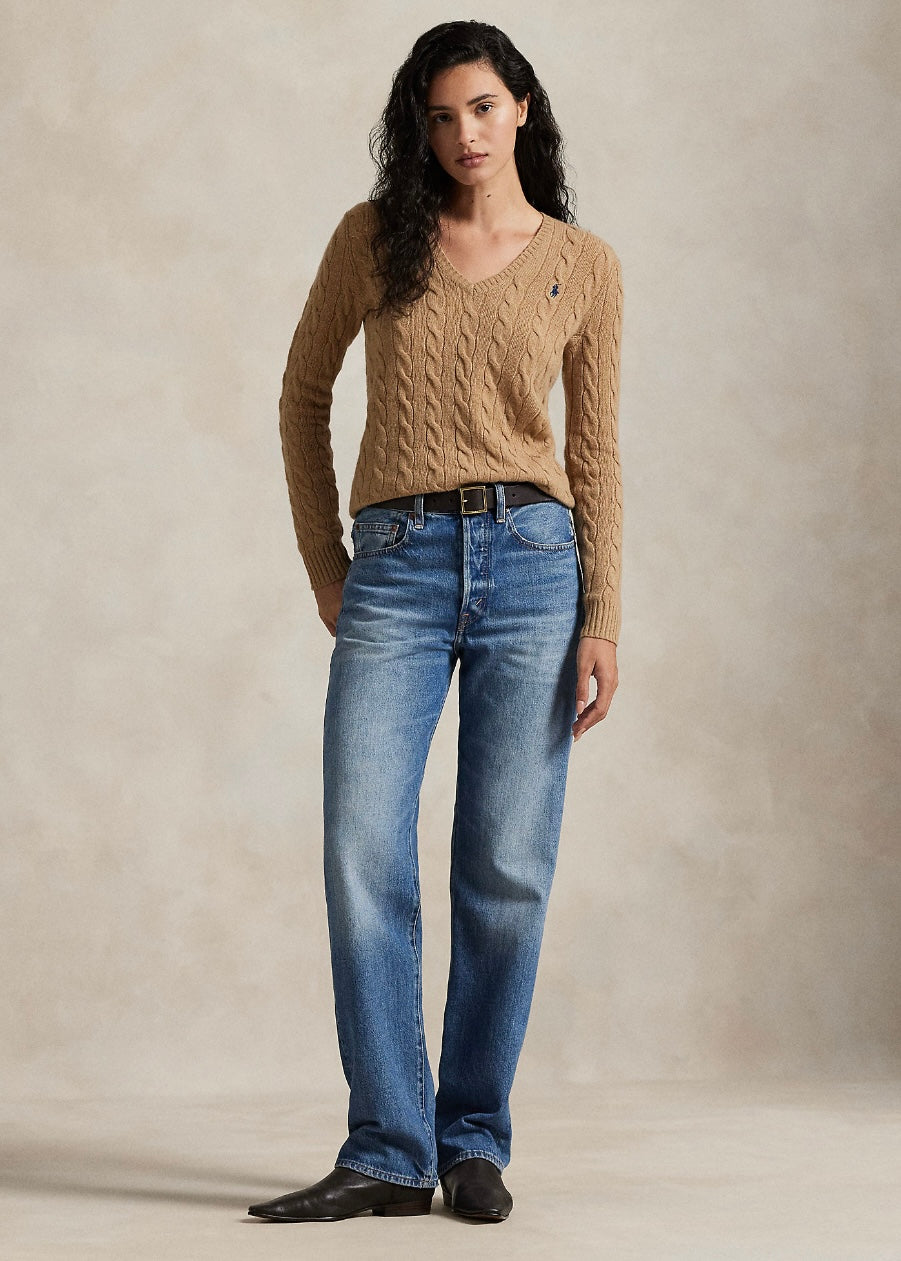 Cable V-nech sweater Camel Melange