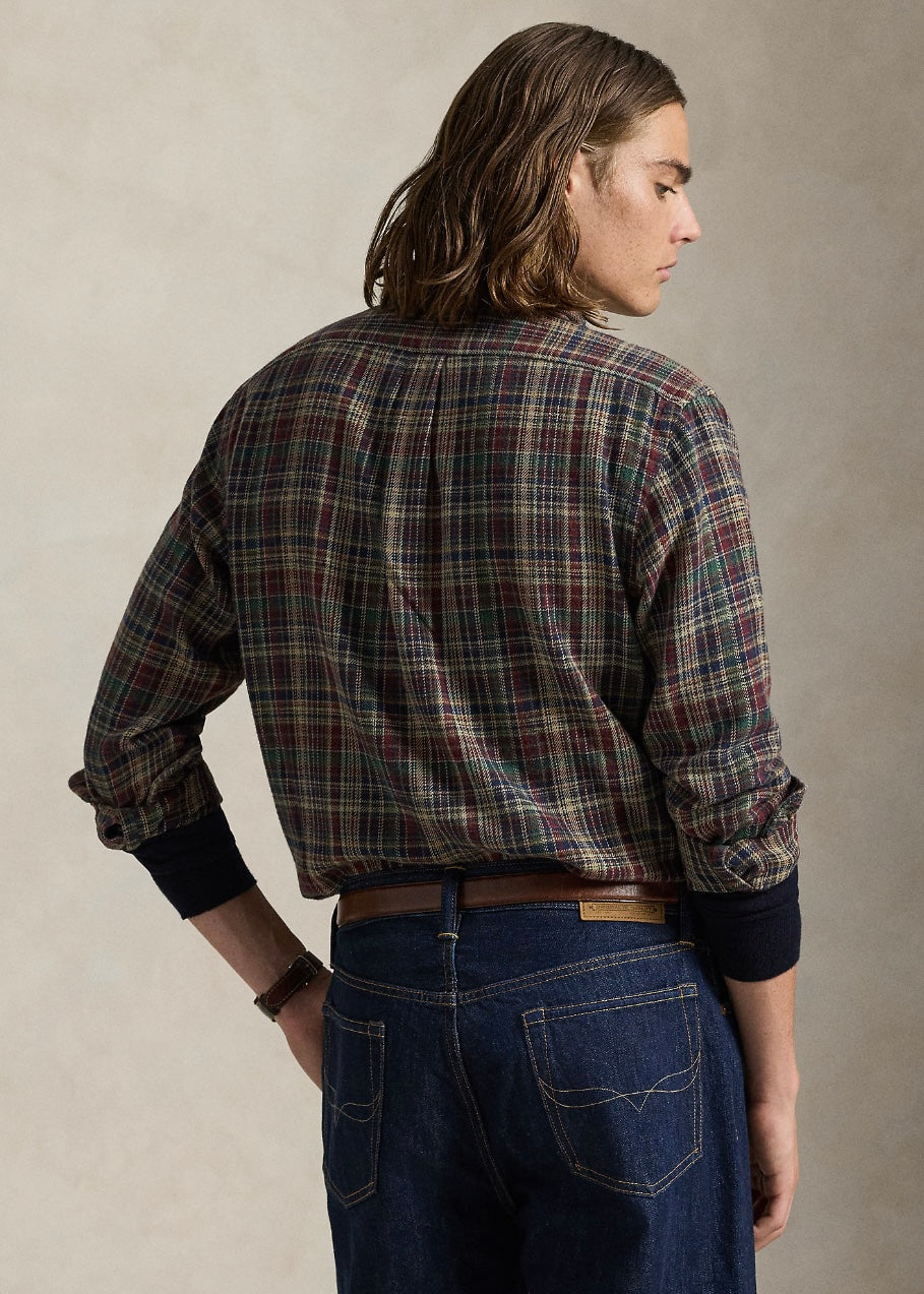 Plaid Brushed Flannel shirt Wine Khaki