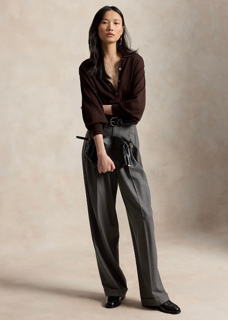 Polo Collar Wool Cardigan Deep Chocolate