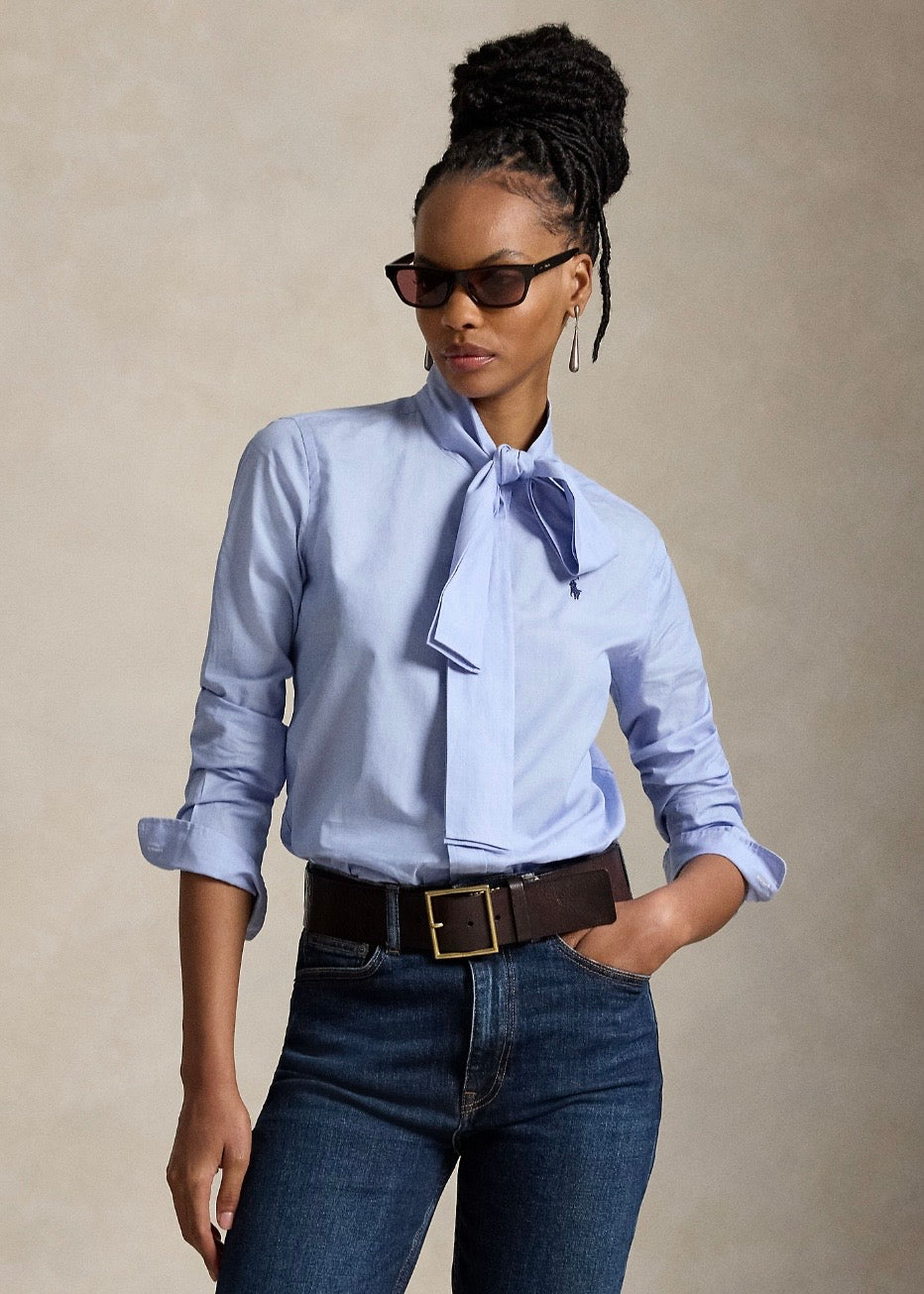 Cotton Tie Neck Shirt Medium Blue
