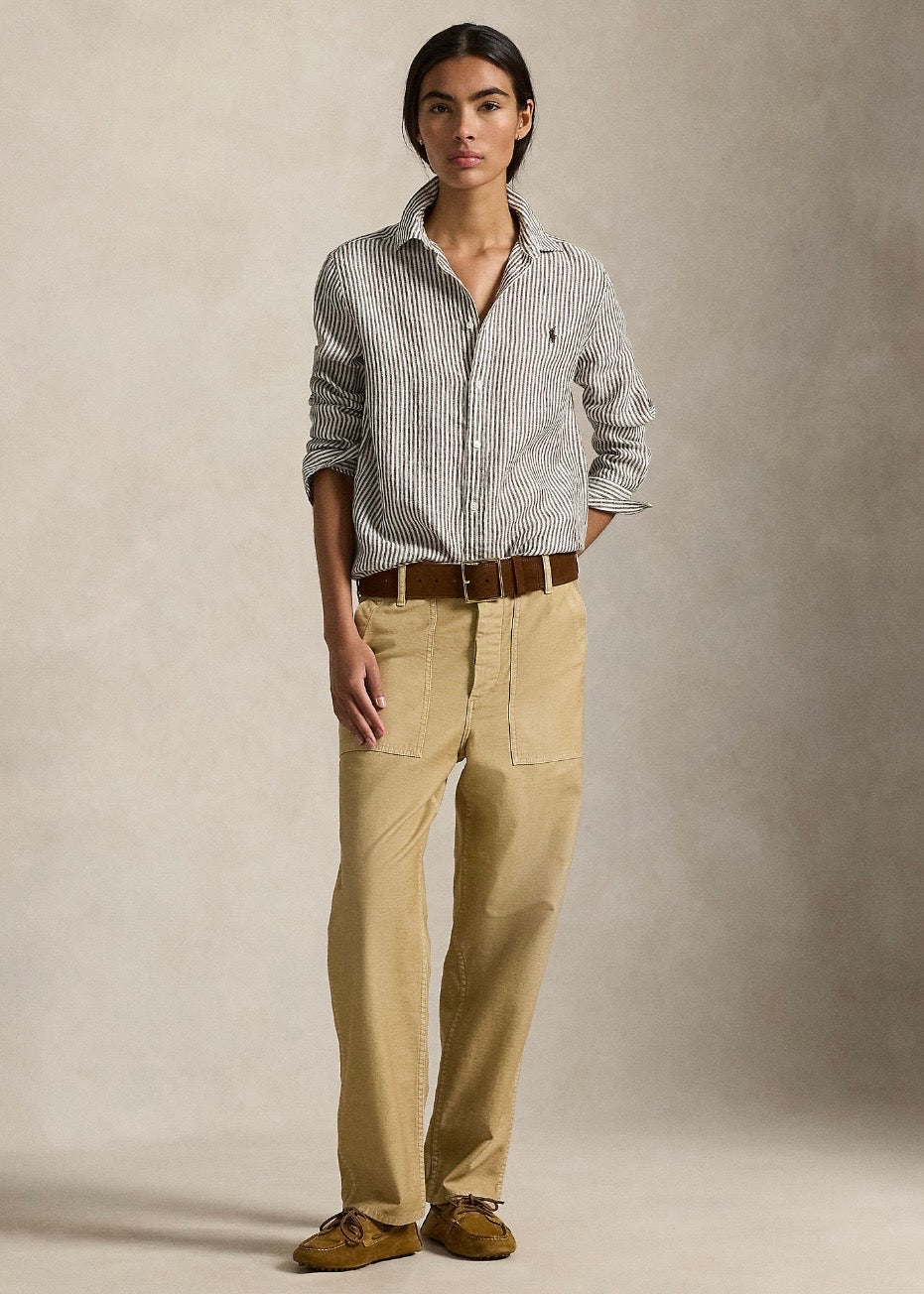 Classic Fit Striped Linen Shirt Dark Brown