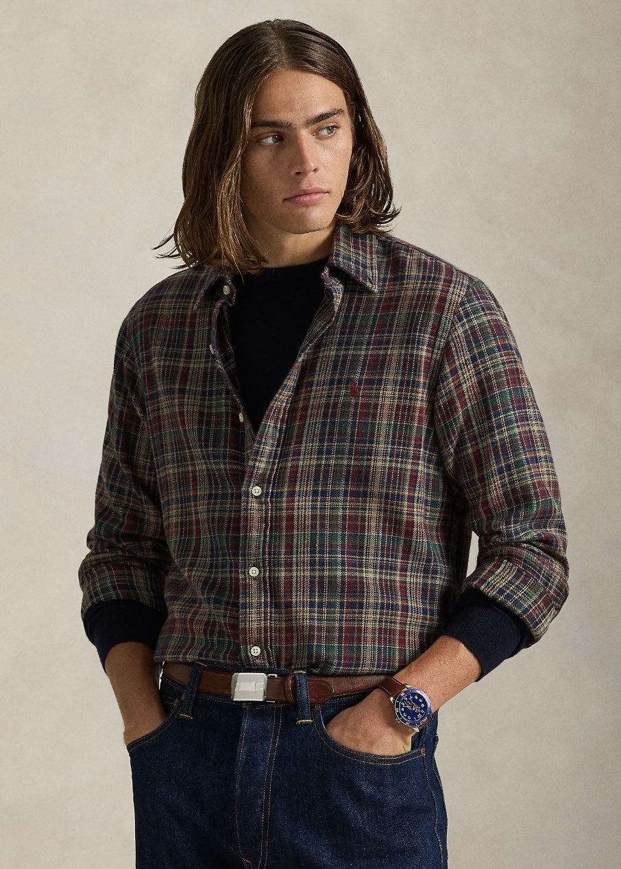 Plaid Brushed Flannel shirt Wine Khaki