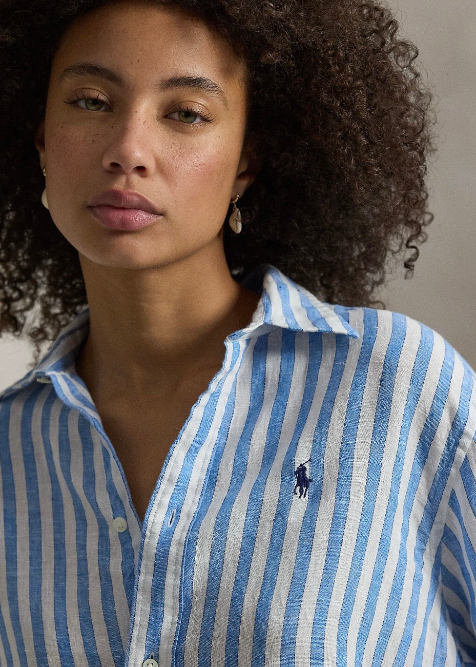 Wide Cropped Striped Linen Shirt Blue