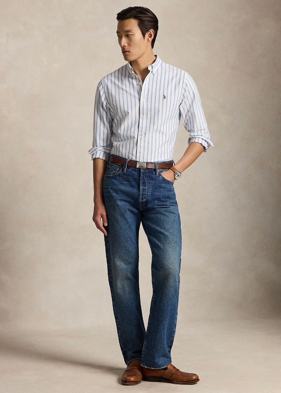 Slim Fit Striped Oxford Shirt White Blue