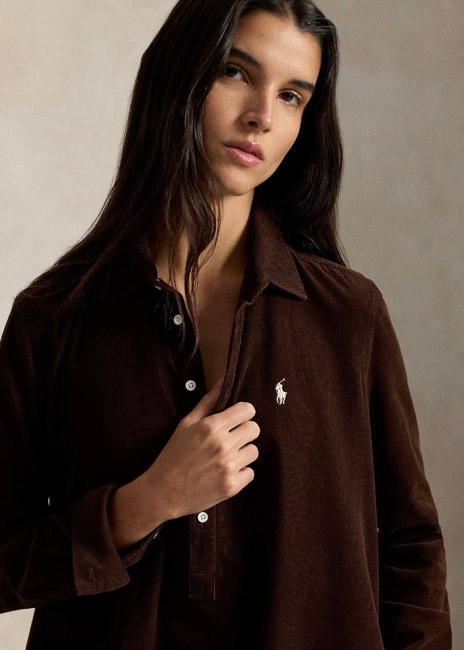 Corduroy Pleated Shirtdress Dark Brown
