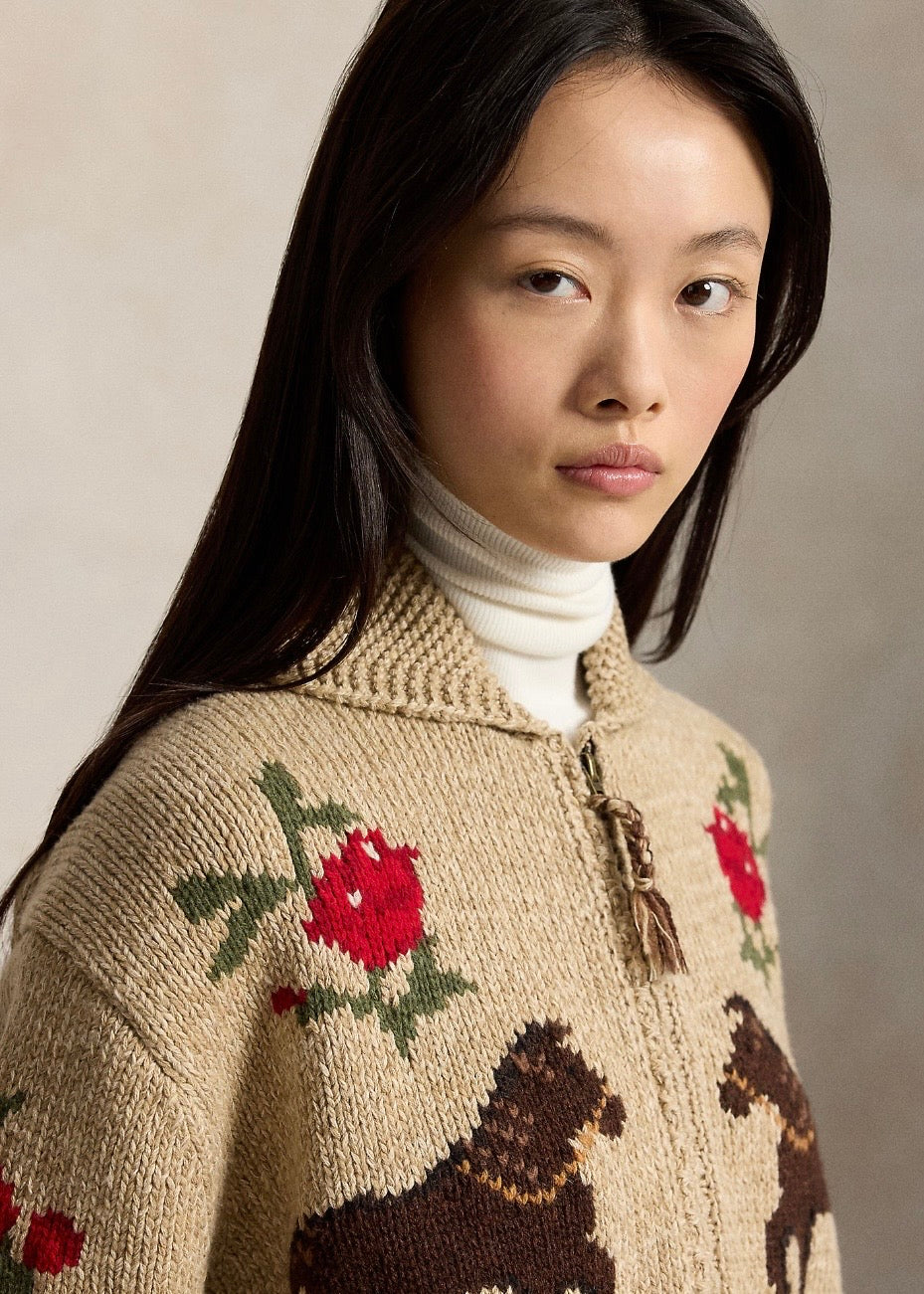 Intarsa Knit Shawl Cardigan Tan Multi