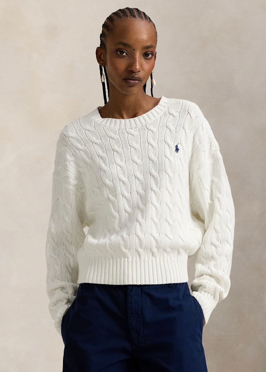 Cable Knit Cotton Crew White