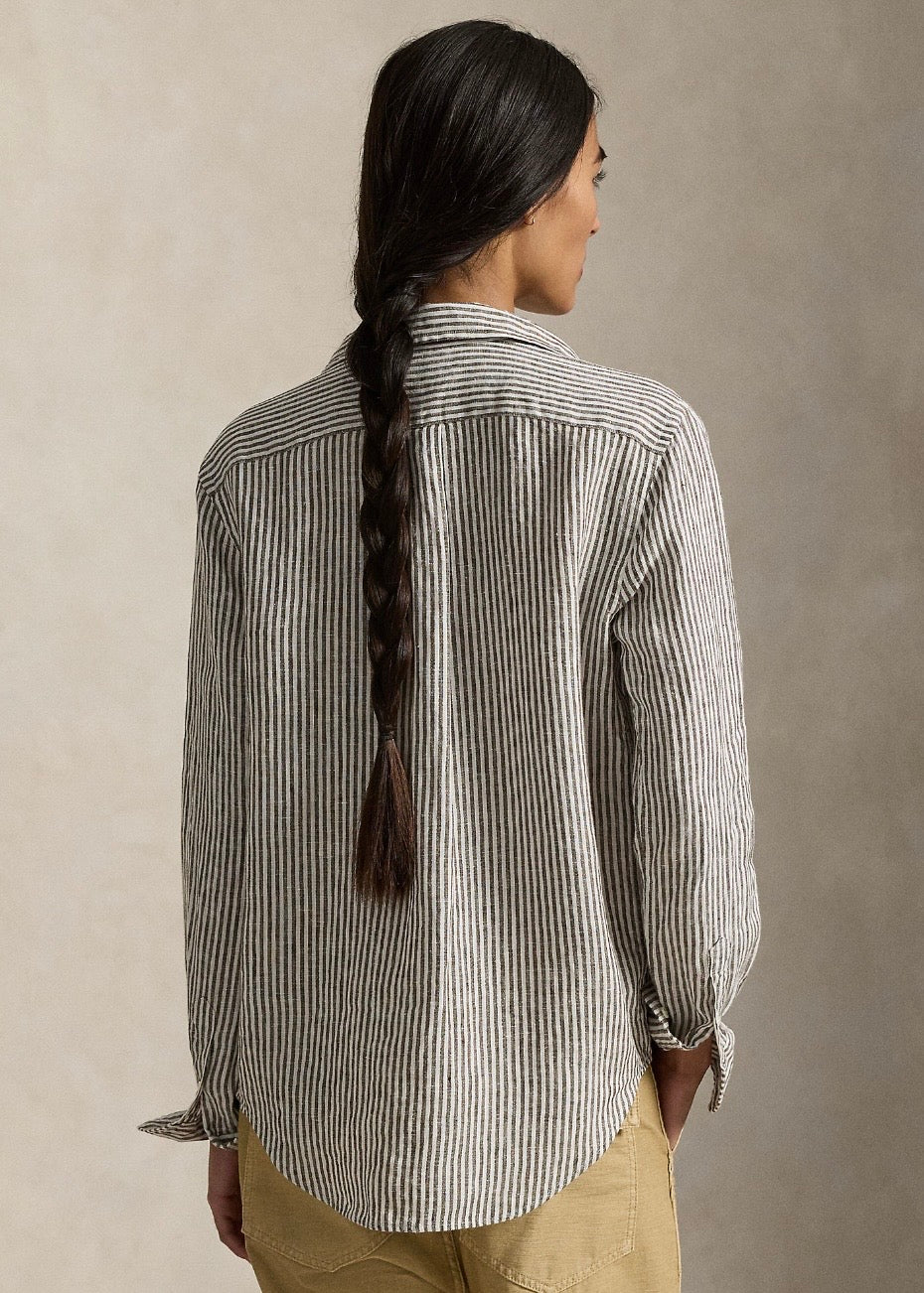 Classic Fit Striped Linen Shirt Dark Brown