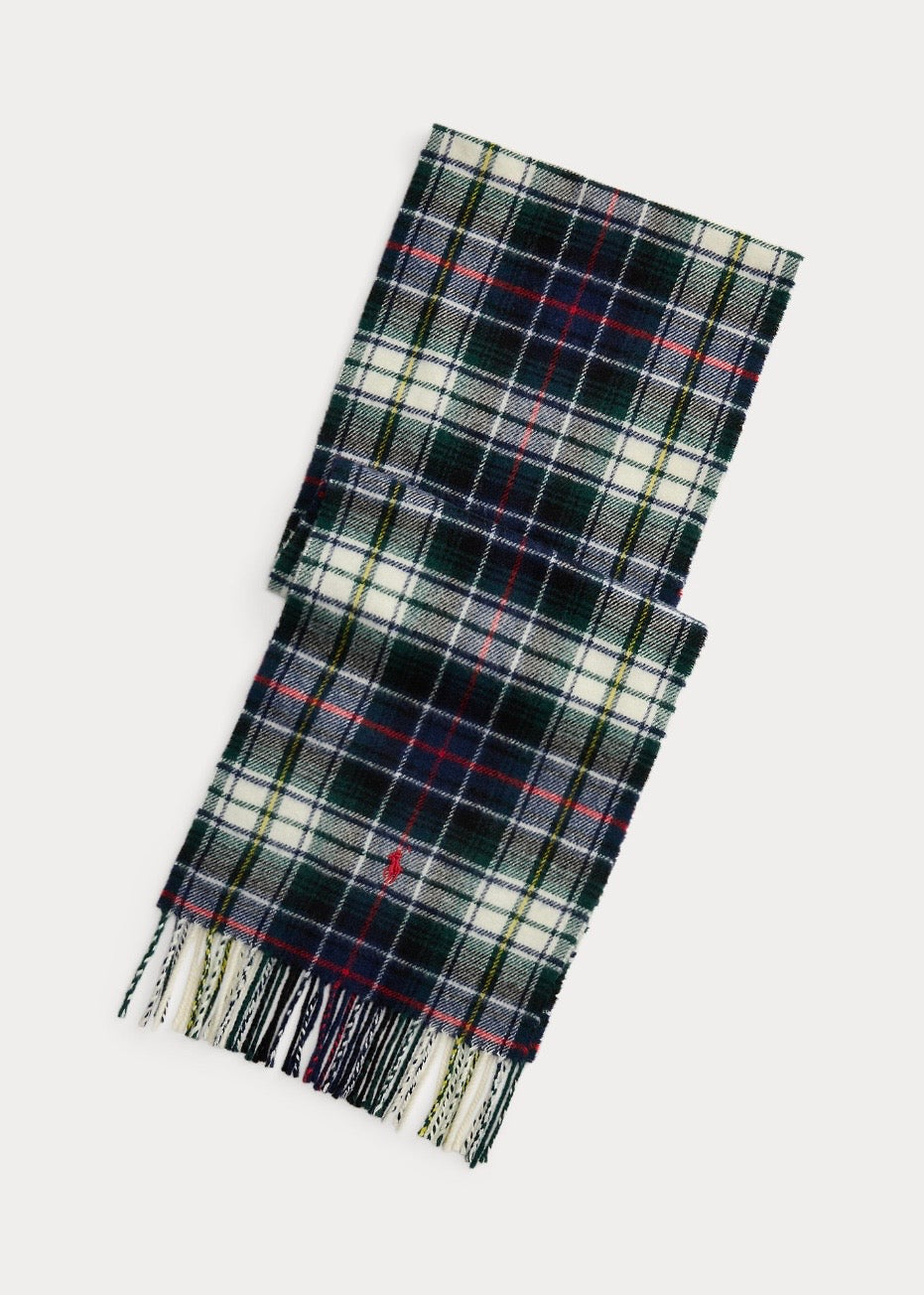 Plaid Fringe Wool Scarf Cream Multi