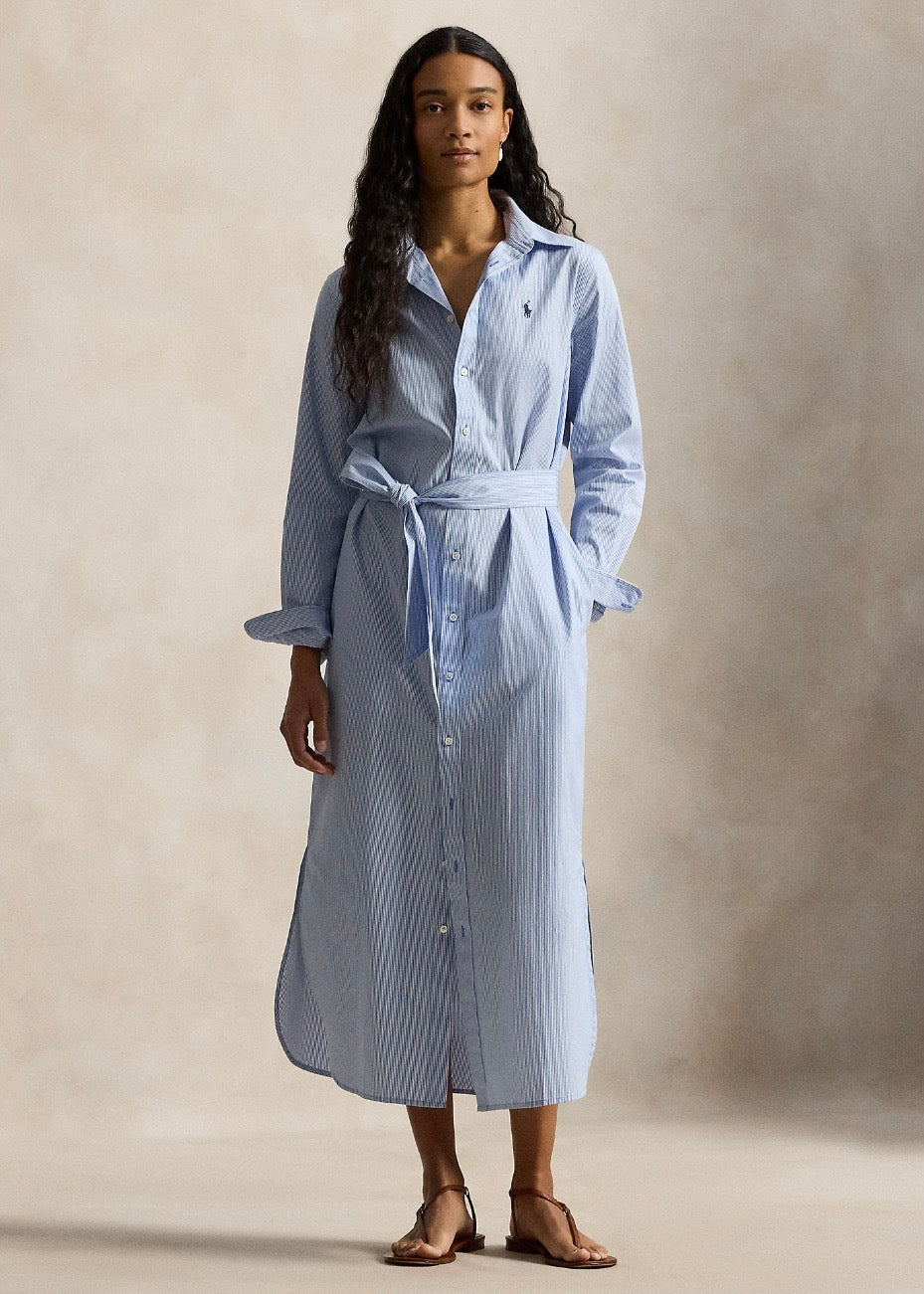 Belted Striped Shirtdress Medium Blue White