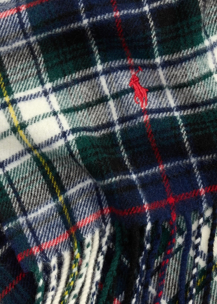 Plaid Fringe Wool Scarf Cream Multi