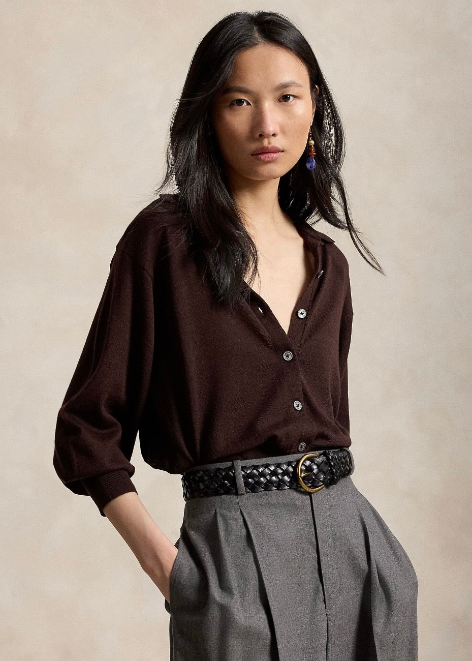 Polo Collar Wool Cardigan Deep Chocolate