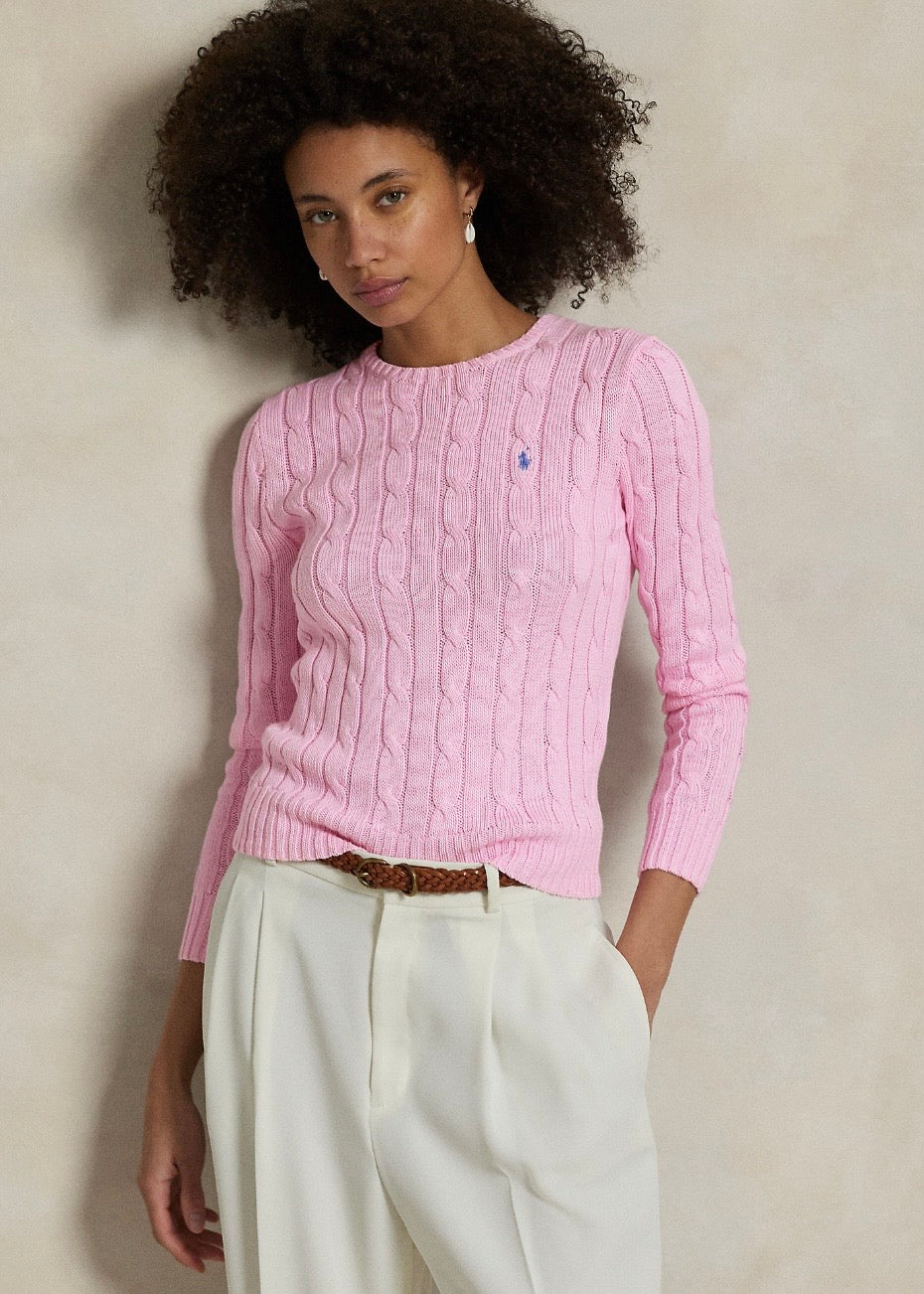 Cable Knit Cotton Crew Carmel Pink