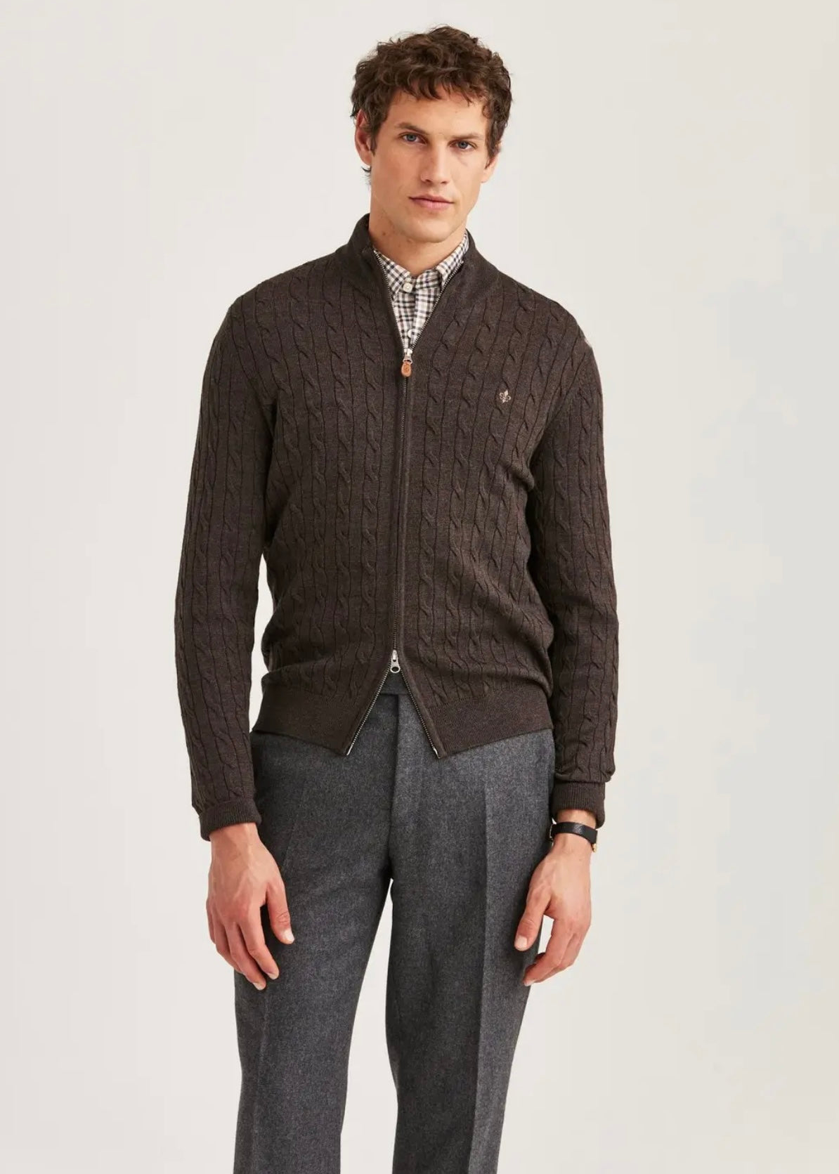 Merino Cable Zip cardigan Brown