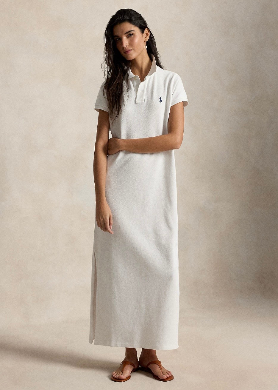 Cotton Mesh Polo Dress White