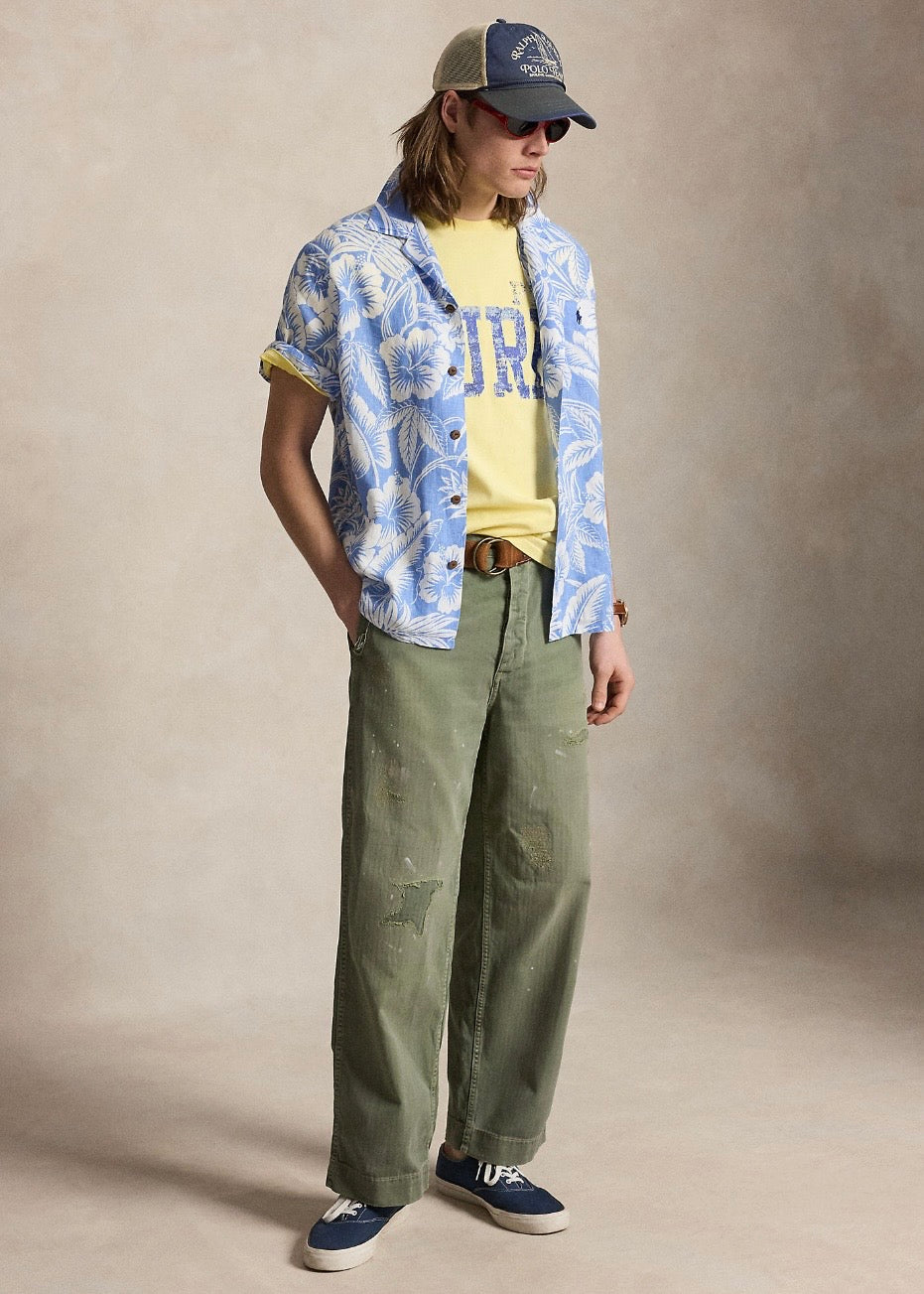 Classic Fit Tropical Print Linen Shirt Blue