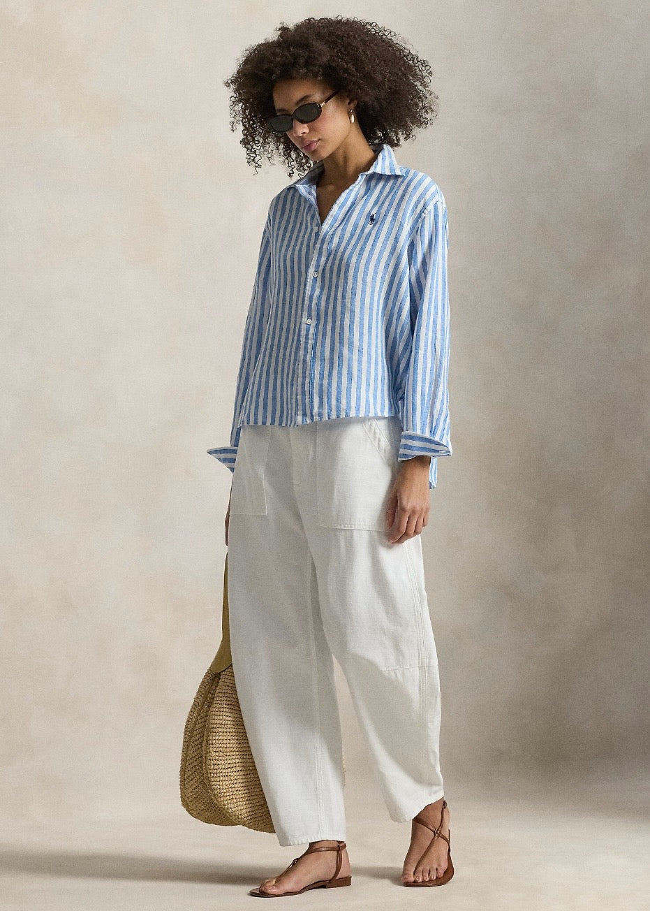 Wide Cropped Striped Linen Shirt Blue