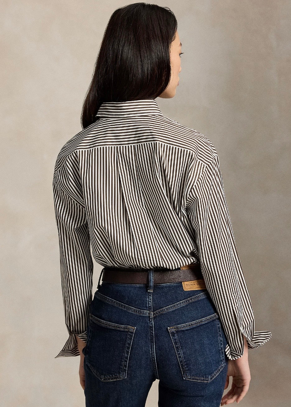 Relaxed Fit Striped Cotton Shirt Dark Brown