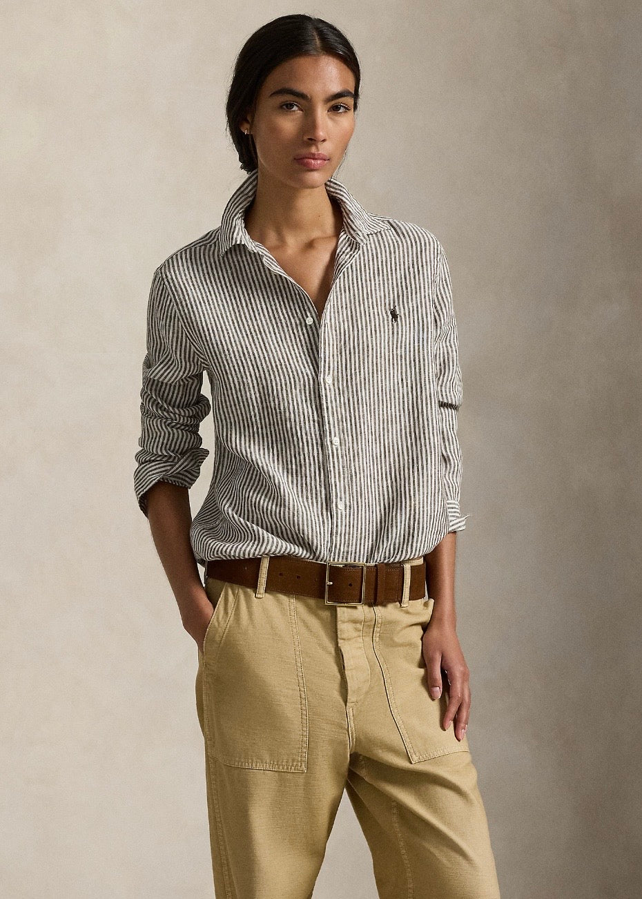 Classic Fit Striped Linen Shirt Dark Brown