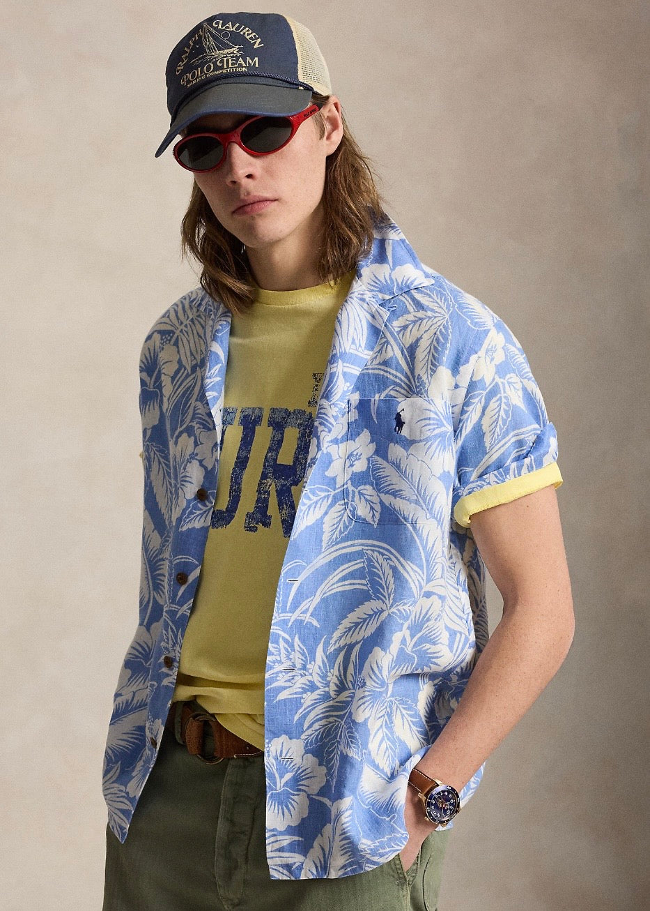 Classic Fit Tropical Print Linen Shirt Blue