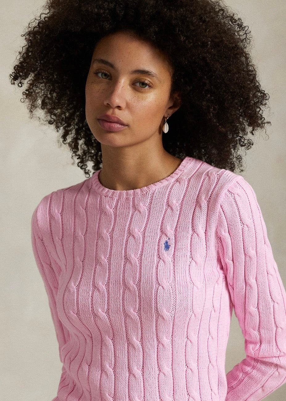 Cable Knit Cotton Crew Carmel Pink