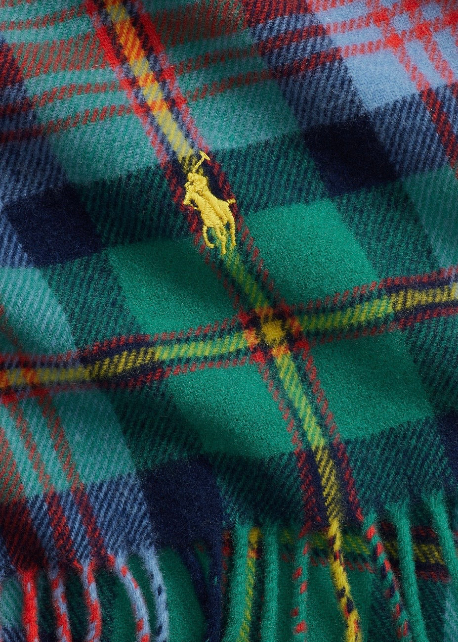 Plaid Fringe Wool Scarf Ancient Blue