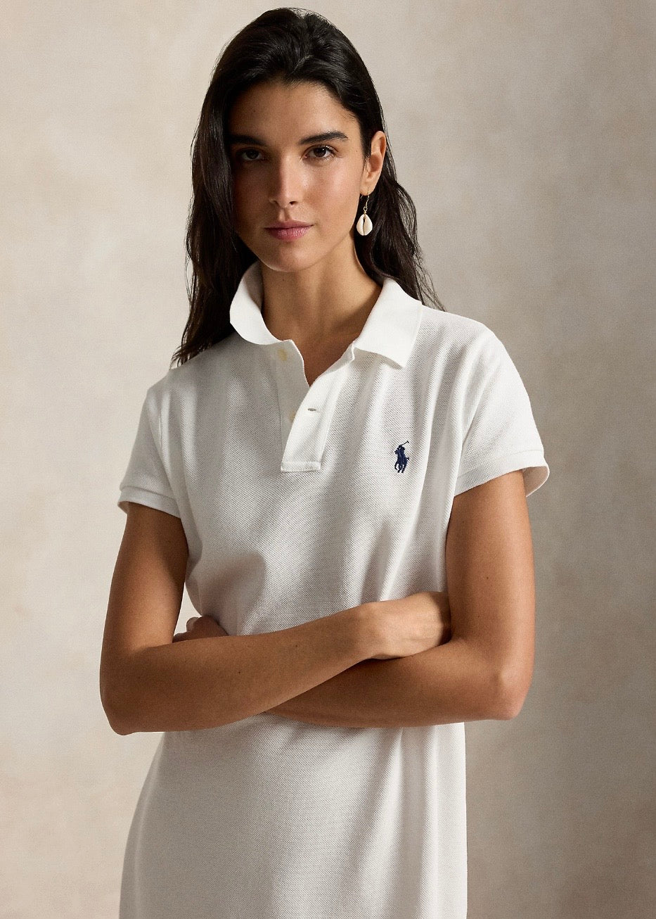 Cotton Mesh Polo Dress White