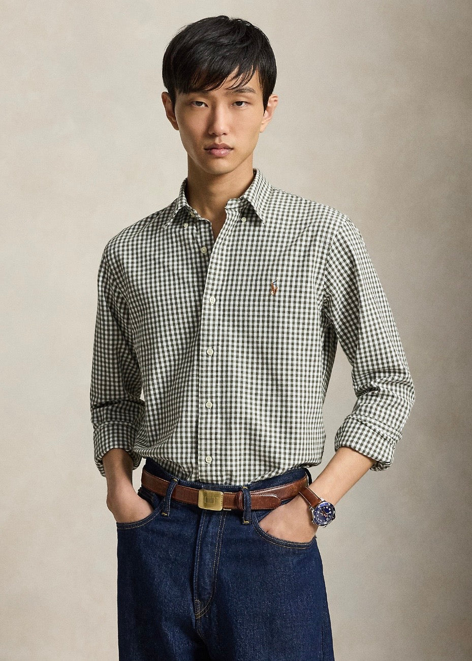 Custom Fit Gingham Oxford Shirt White Olive