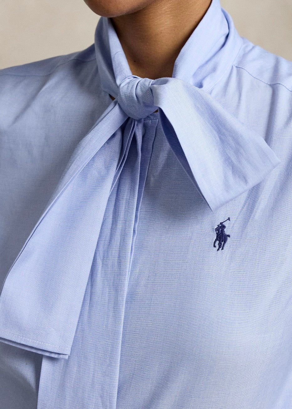 Cotton Tie Neck Shirt Medium Blue
