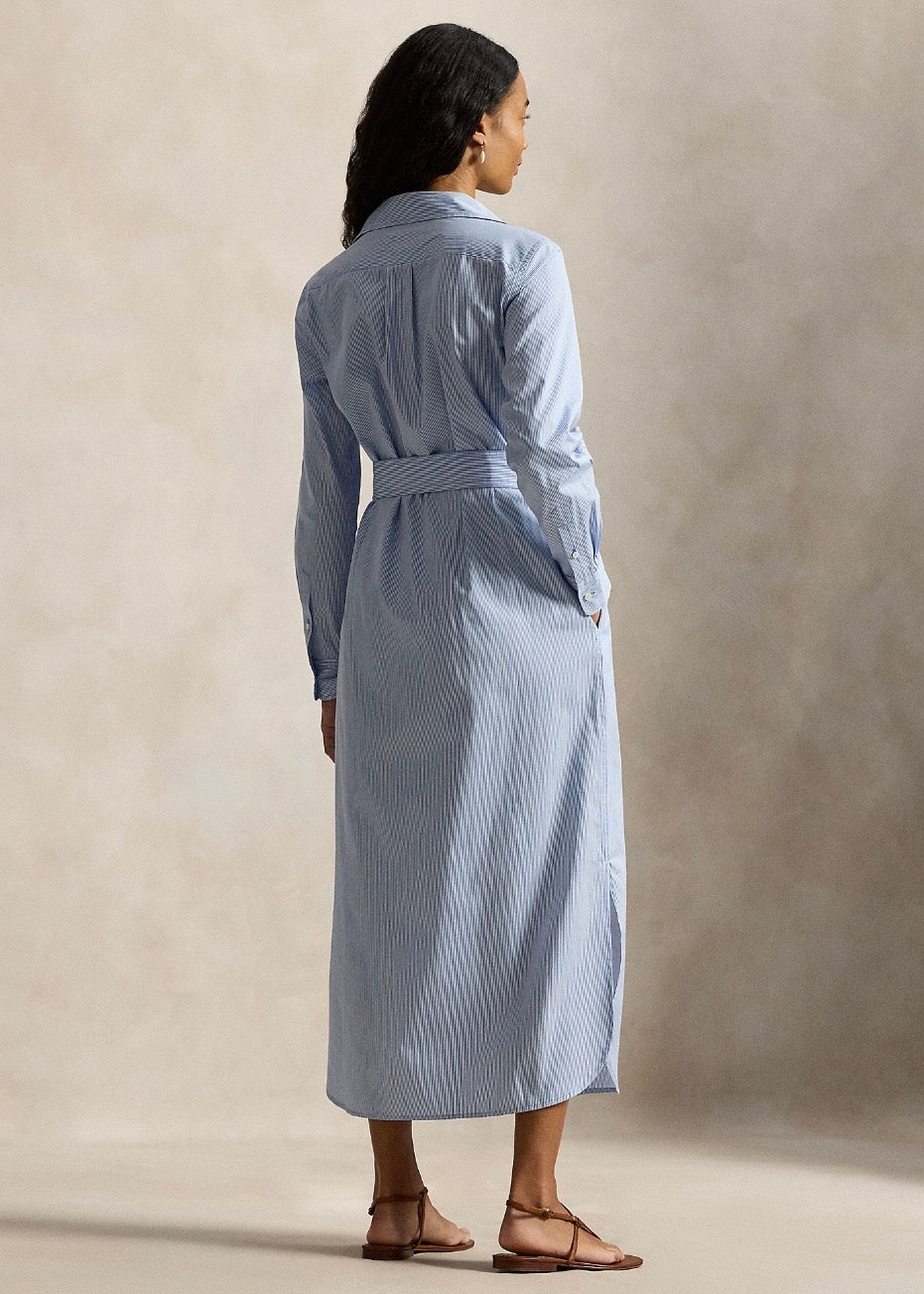 Belted Striped Shirtdress Medium Blue White