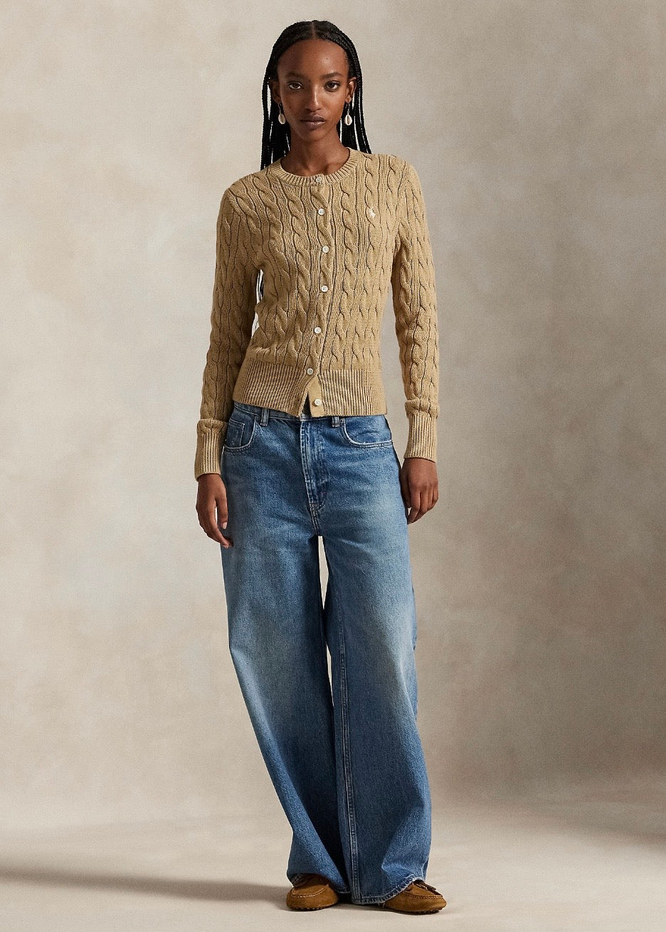 Cable Knit Cotton Cardigan Vintage Khaki