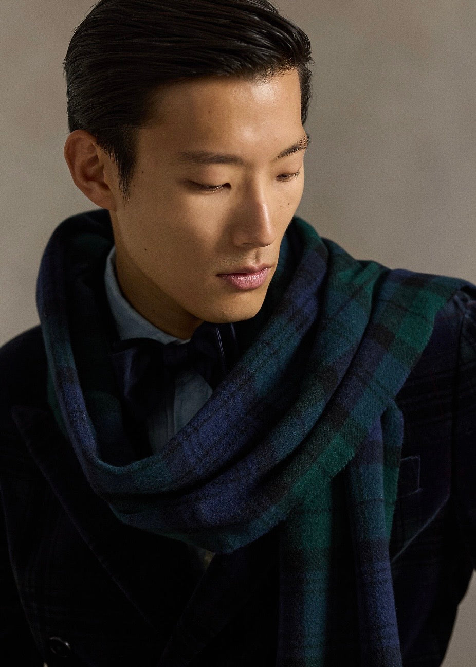 Plaid Fringe Wool Scarf Blackwatch
