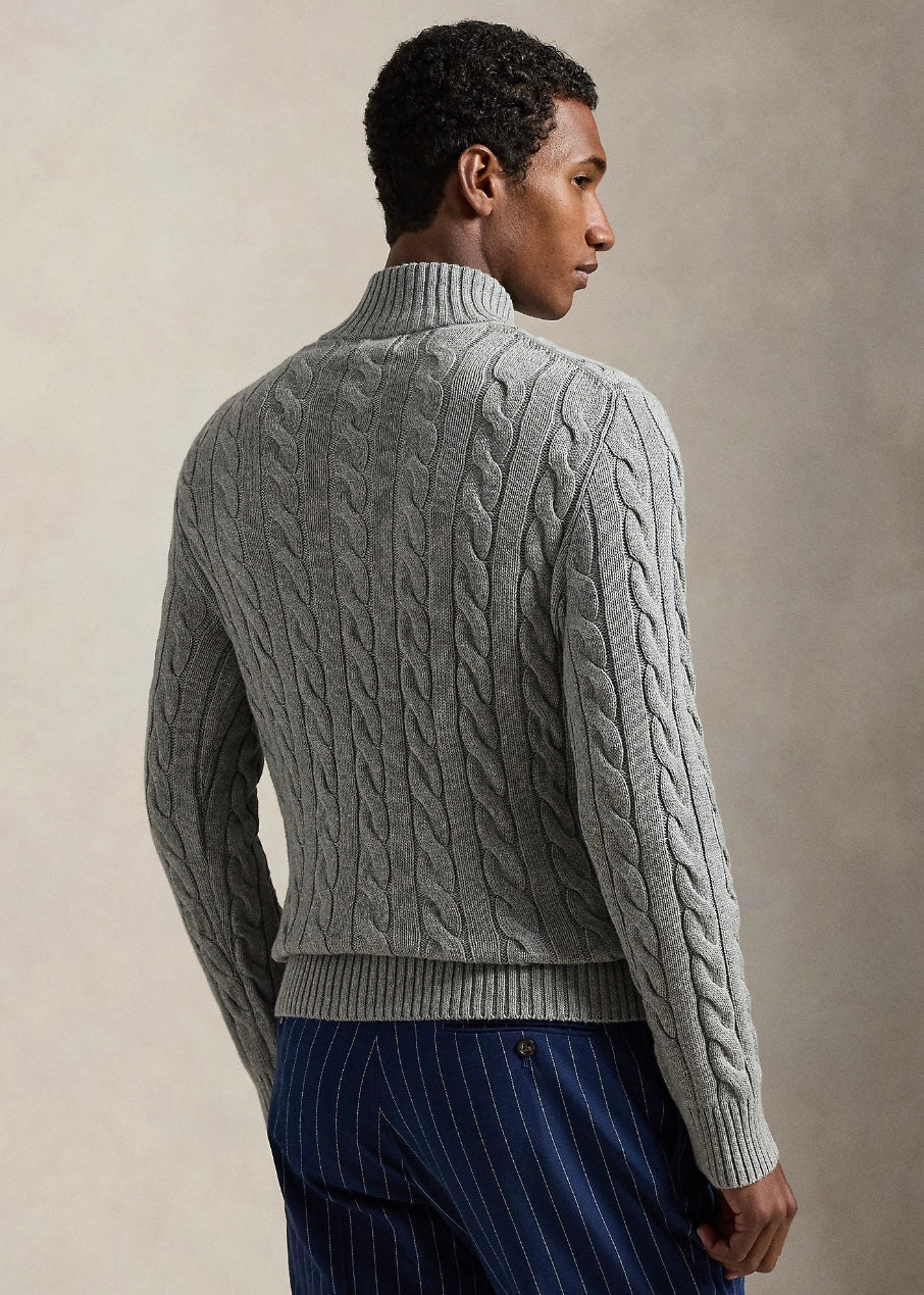 Cable Knit Cotton Quarter Zip Fawn Grey
