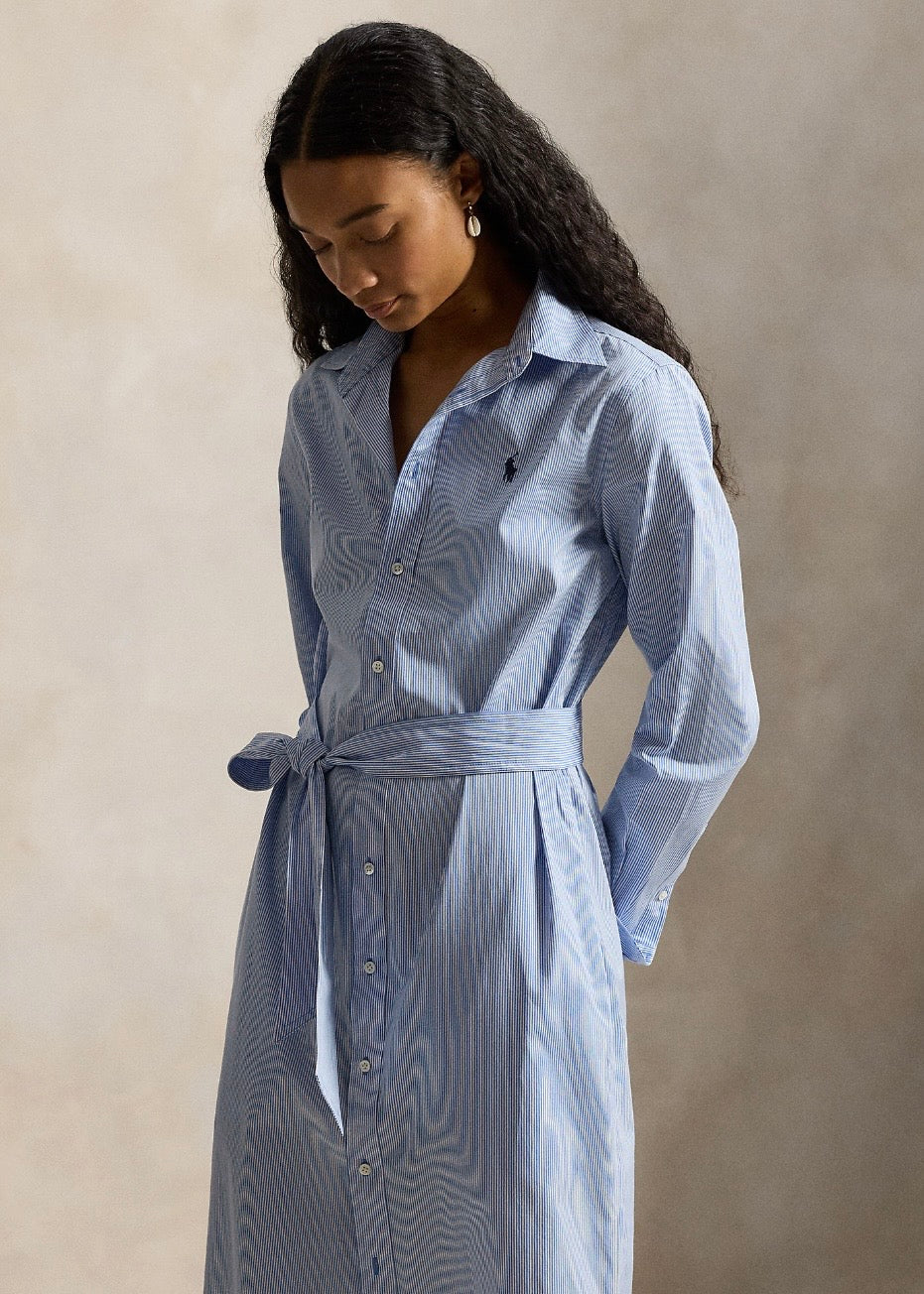 Belted Striped Shirtdress Medium Blue White
