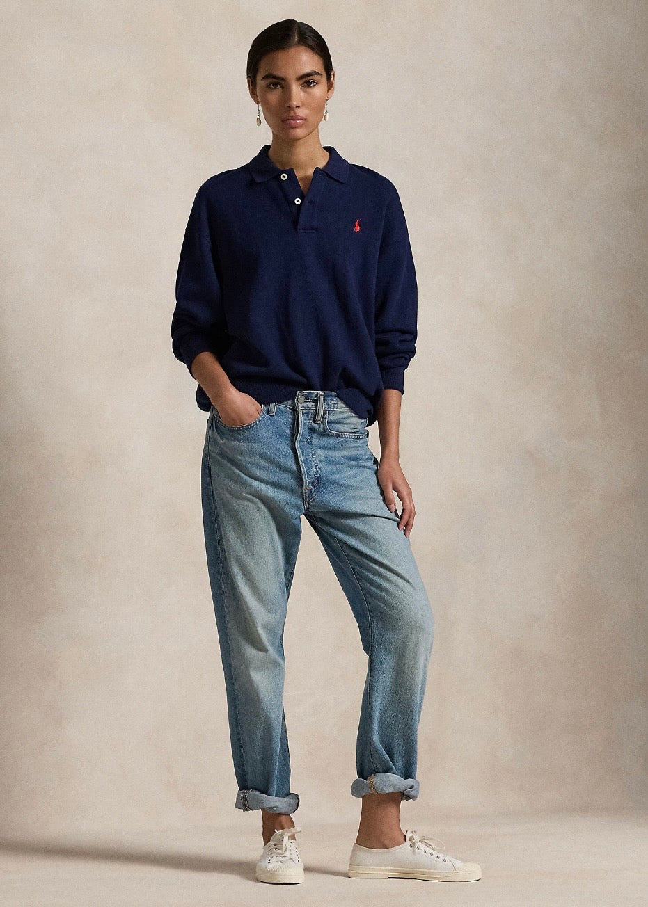 Polo Collar Fleece Pullover Navy