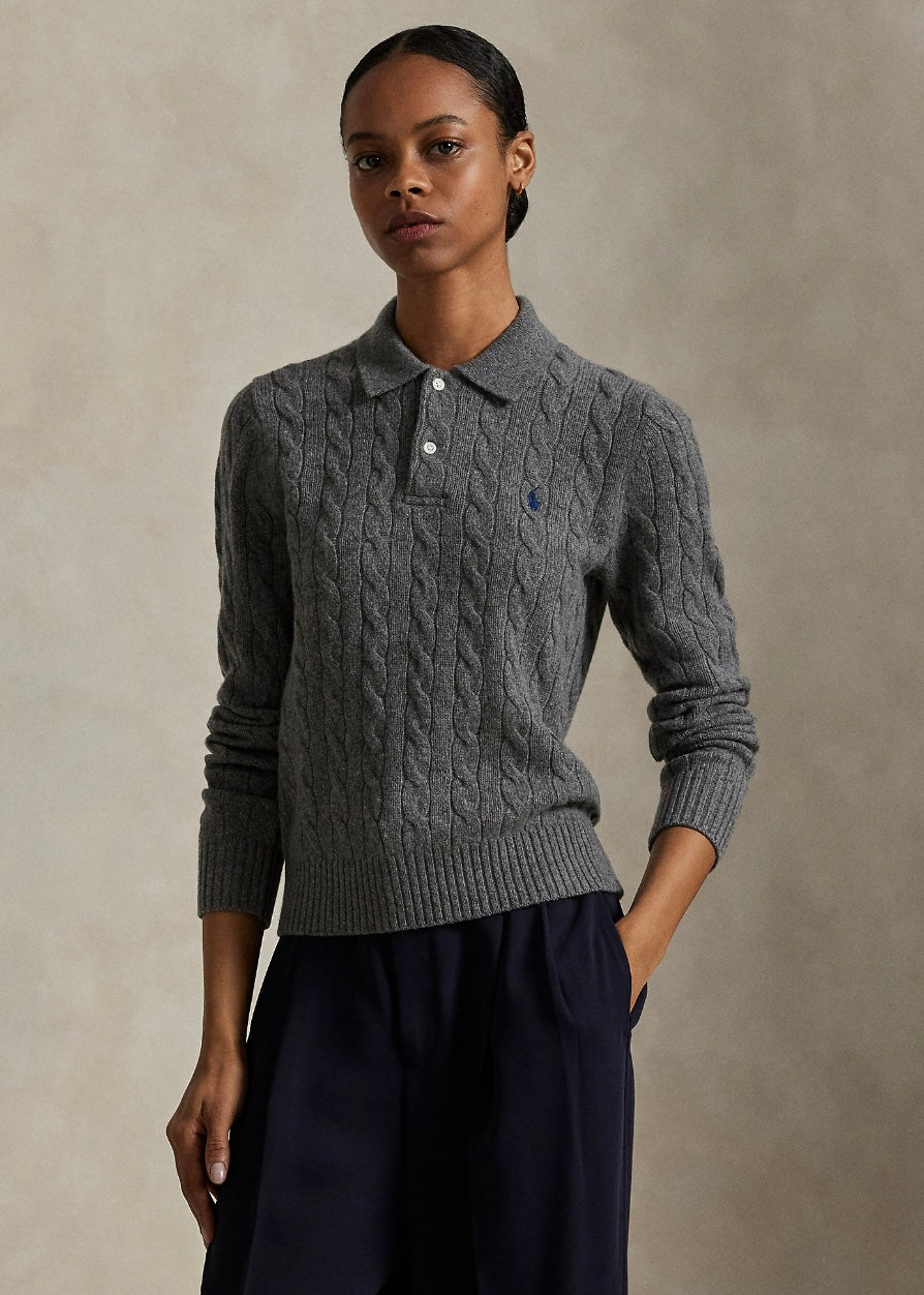 Cable Knit Polo sweater Flannel Grey
